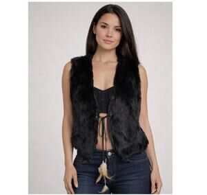 2000s Tricotto Rabbit Fur Embroidered Lace Back Vest Feather Ties Medium